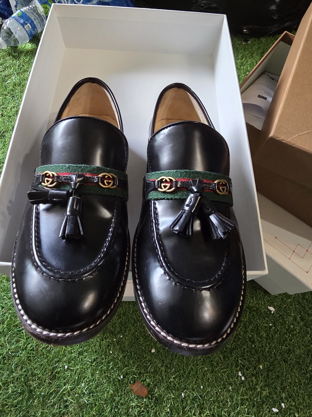 Gucci Black Leather Kids Tassel Loafers with Green and Red Web Trim